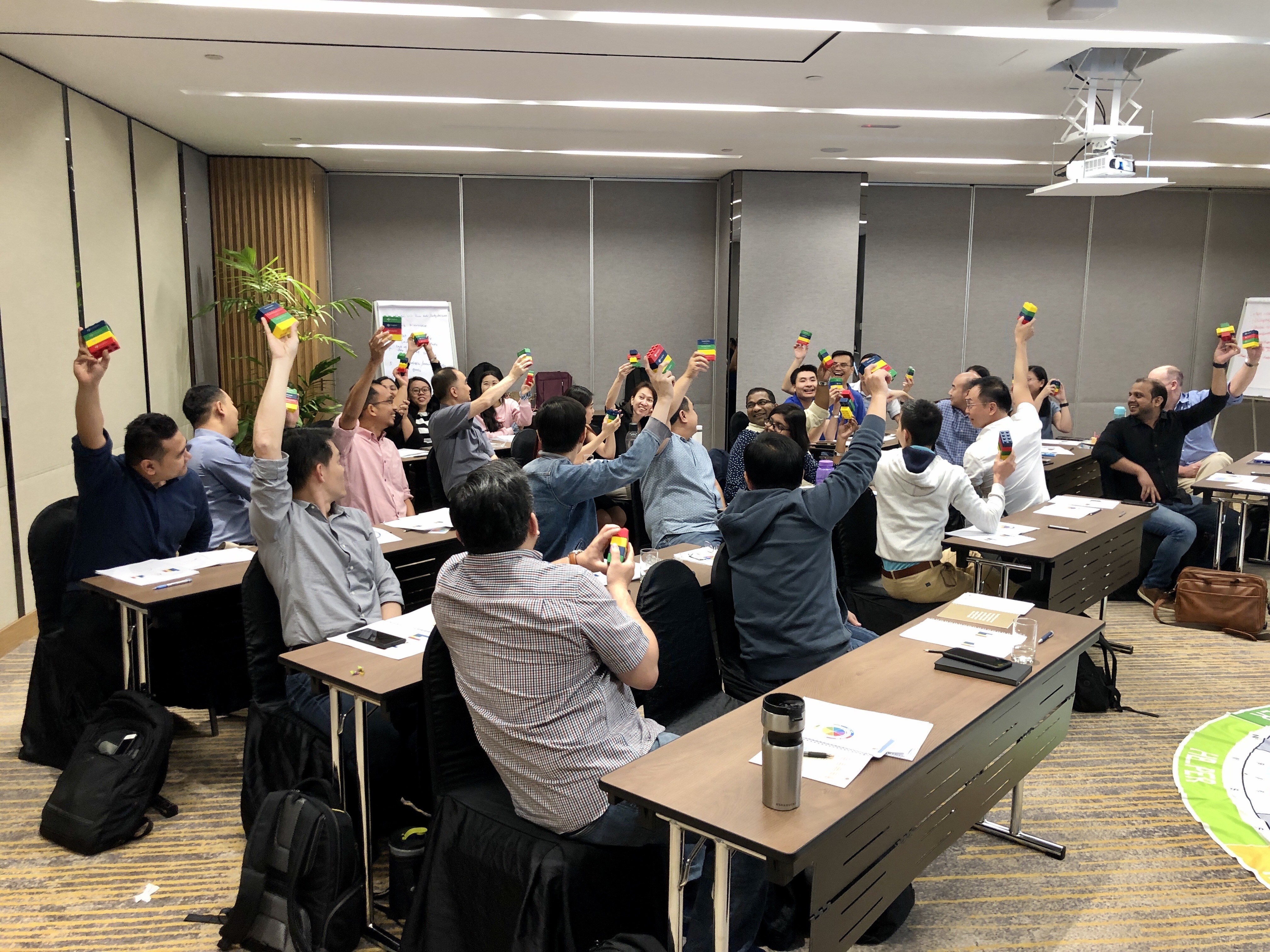 Participants raising four-colour blocks during an interactive Insights Discovery workshop